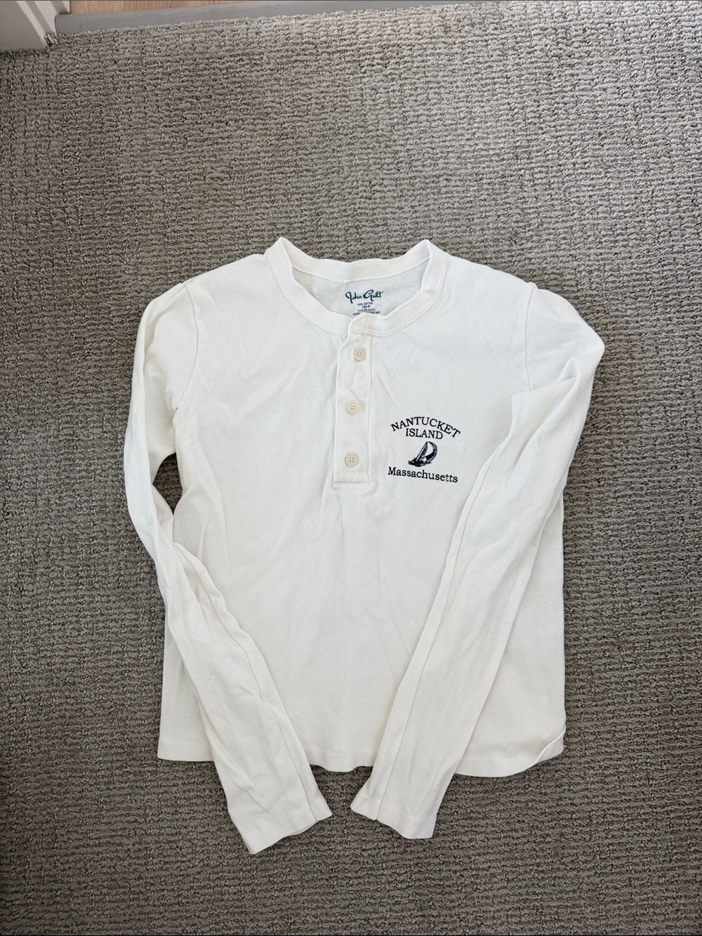 Brandy Melville White Long-Sleeve Henley with Navy Logo